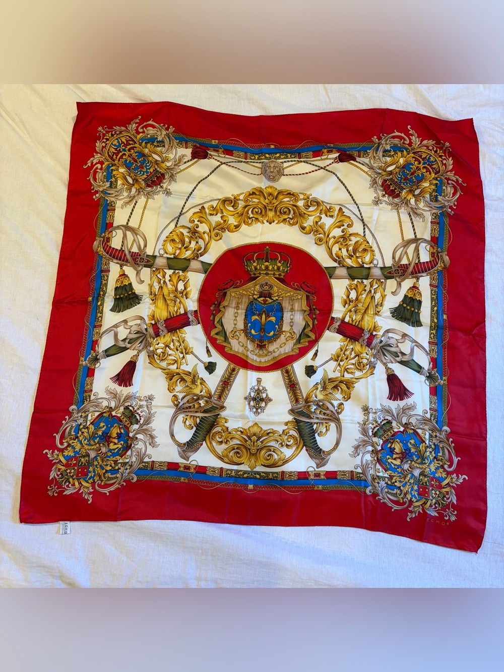 Echo Imperial Crown Silk Scarf 34.5” Equestrian Horse Lion Sword Red Blue